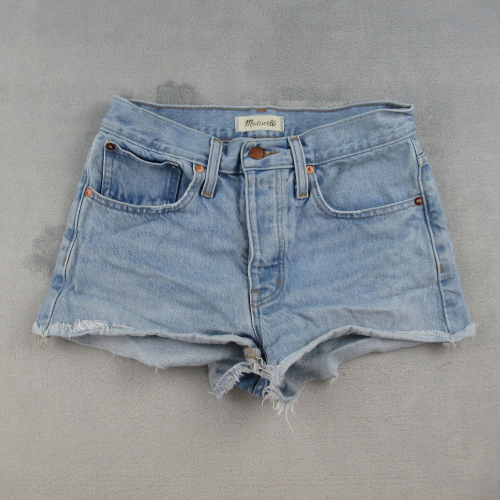 Madewell Relaxed Denim Shorts Light Wash High Rise Raw Hem Size 25 Blue